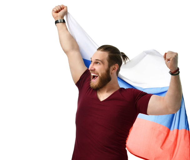Happy man soccer fan with Russian flag  smiling celebrating isolated on white  - Fotoğraf, Görsel