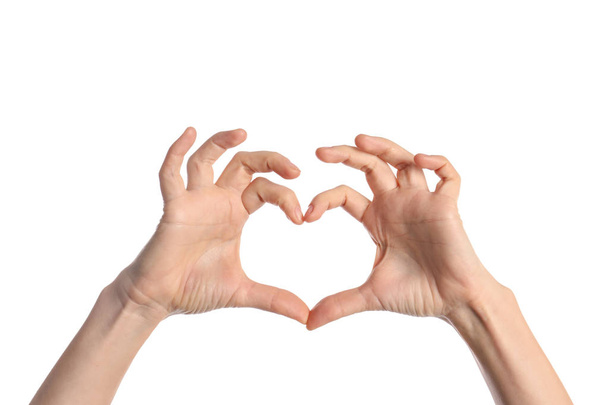 Woman making heart with her hands on white background, closeup - Foto, Imagem