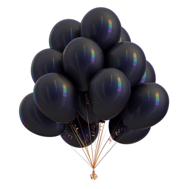 black inflatable balloons bunch. happy birthday party decoration beautiful dark. carnival celebration symbol. 3d illustration - Foto, afbeelding
