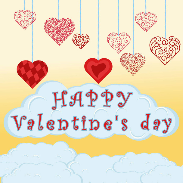vector illustration decorated with different hearts, concept design, February 14, Valentine's day, weigh on a chain among the clouds, for web design, postcard design, - Vektor, kép