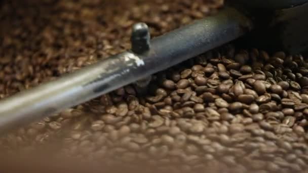 コーヒーの生産。茶色の豆が焙煎機のクローズ アップ - 映像、動画