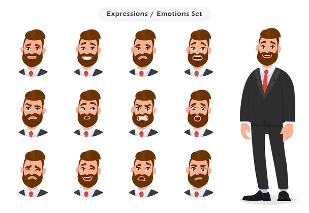 Σύνολο άνδρας επιχείρησης διαφορετικές εκφράσεις του προσώπου. Επιχείρηση άνθρωπος emoji χαρακτήρας με διαφορετικά συναισθήματα. Συναισθήματα και σώμα γλώσσα έννοια εικονογράφηση διάνυσμα καρτούν στυλ. - Διάνυσμα, εικόνα
