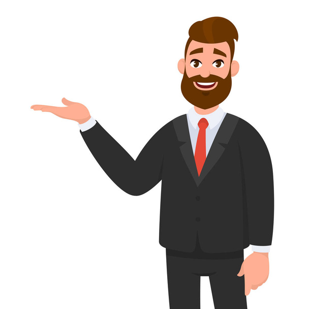 Happy businessman showing hand gesture copy space to present or introduce something. Presentation, advertisement, introduce concept illustration in vector cartoon style. - Vector, Image