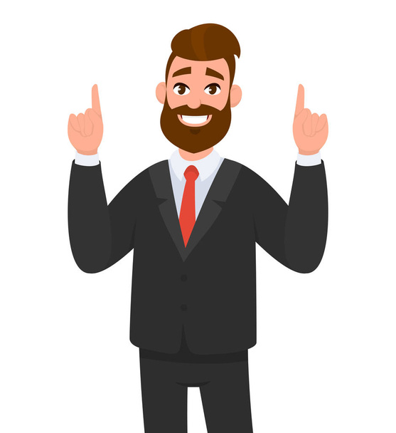 Happy businessman pointing up index fingers gesture to copy space. Man showing joyful success hand gesture to upward. Businessman emotion and body language  concept illustration in vector style. - Vector, Image