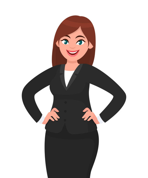 Die selbstbewusste junge Geschäftsfrau im schwarzen Anzug hält die Hände auf den Hüften und lächelt, während sie isoliert vor weißem Hintergrund steht. Geschäftsfrau Konzept Illustration im Vektor Cartoon-Stil. - Vektor, Bild