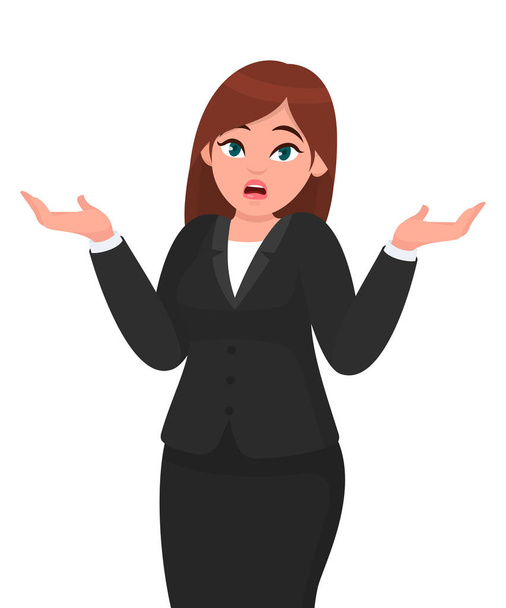 Oops! Sorry! I do not know.  Businesswoman shrugging shoulders spreading hands in do not know gesture.  Businesswoman concept illustration in vector cartoon style. - Vector, Imagen