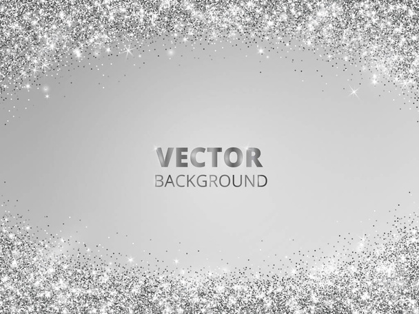 Sparkling glitter border, frame. Falling silver dust on gray background. Vector glittering decoration. - Wektor, obraz