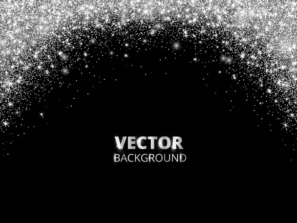 Sparkling glitter border, frame. Falling silver dust on black background. Vector glittering decoration. - Vektori, kuva