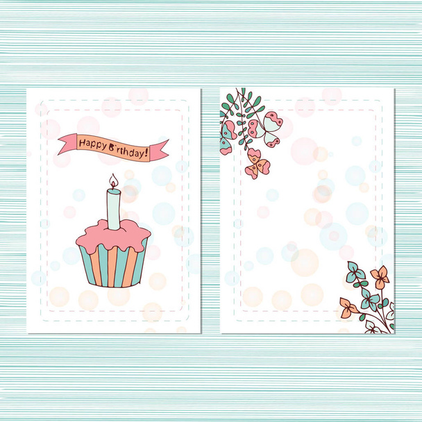 One year. Birthday. Template. Postcard invitation. Cake with candles. Set. Sketch doodle. - Vector, Image
