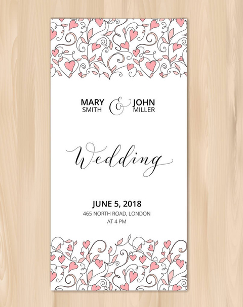 Bruiloft kaart met hart patroon achtergrond, uitnodiging sjabloon. Handgeschreven aangepaste kalligrafie. - Vector, afbeelding