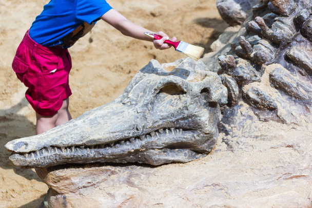 Niños aprendiendo sobre, Excavación de fósiles de dinosaurios simulación en el parque
.  - Foto, Imagen