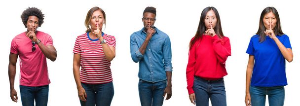 Composition of african american, hispanic and chinese group of people over isolated white background asking to be quiet with finger on lips. Silence and secret concept. - Photo, Image