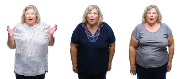 Collage of senior fat woman over isolated background afraid and shocked with surprise expression, fear and excited face. - Photo, Image