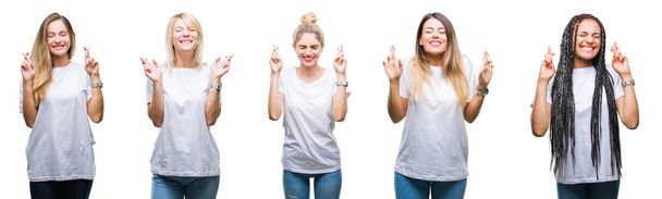 Colagem de grupo de mulher bonita vestindo camiseta branca casual sobre fundo isolado sorrindo cruzando os dedos com esperança e olhos fechados. Sorte e conceito supersticioso
. - Foto, Imagem