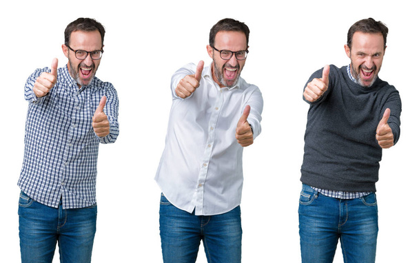 Collage of handsome senior business man over white isolated background approving doing positive gesture with hand, thumbs up smiling and happy for success. Looking at the camera, winner gesture. - Photo, Image