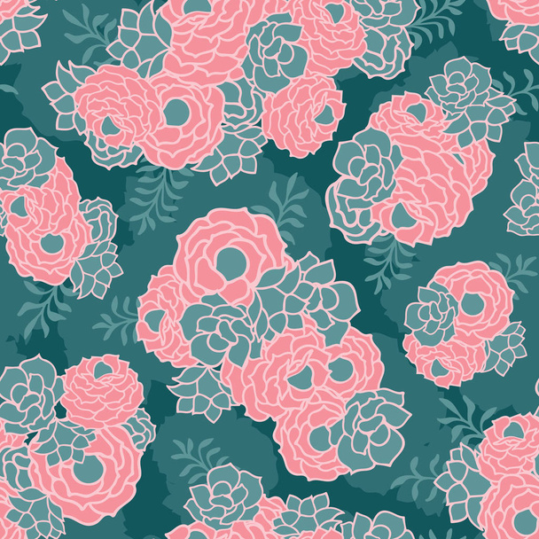 グリーン ピンク花の花束シームレス テクスチャ背景 - ベクター画像
