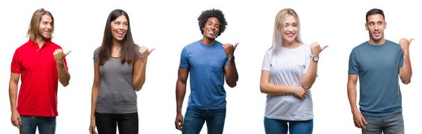 Склад афроамериканської, іспано-кавказької групи людей над ізольованим білим тлом, посміхаючись щасливим обличчям, дивлячись і вказуючи на бік великим пальцем вгору
. - Фото, зображення
