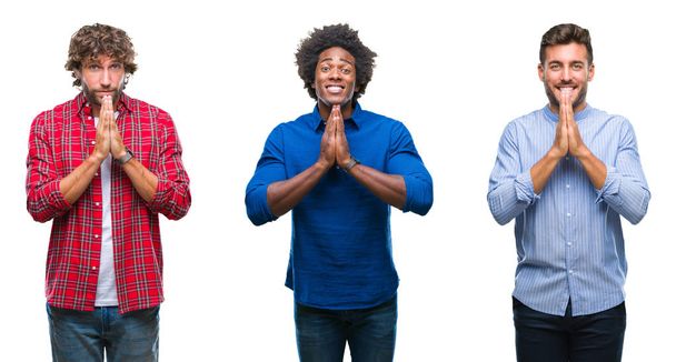Collage van groep Afrikaanse Amerikaanse en Latino mannen over geïsoleerde achtergrond bidden met handen samen vragen om vergeving glimlachend vertrouwen. - Foto, afbeelding