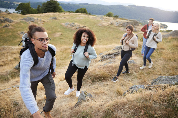 Multiethnic group of five young adult friends smiling while climbing to the summit during a mountain hike  - Photo, image