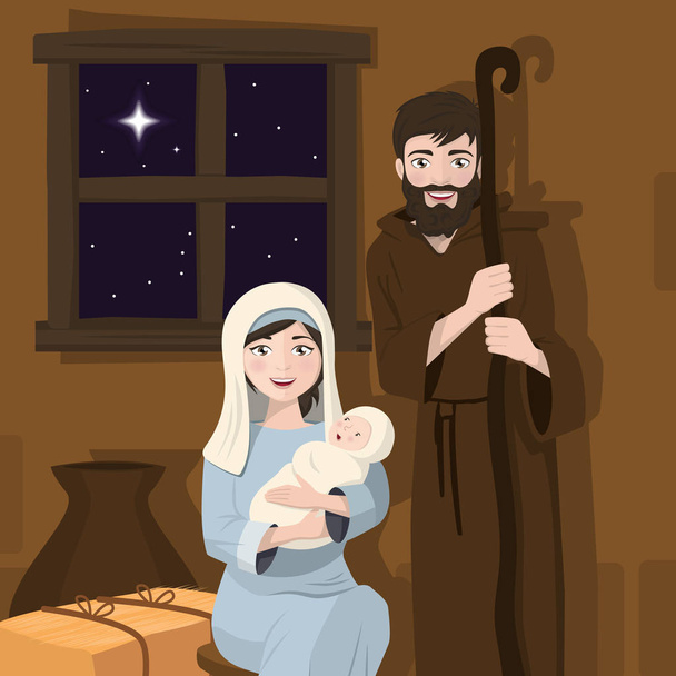 Szent család előtérben. Karácsonyi Betlehem. A Krisztus születése. Vektoros illusztráció - Vektor, kép