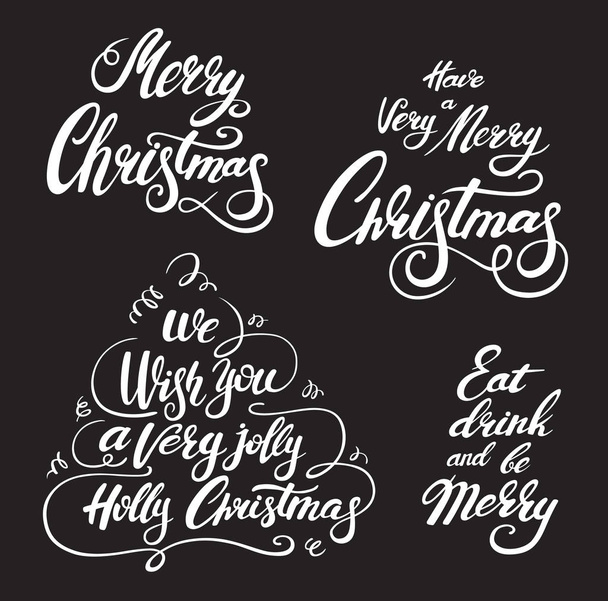 Christmas lettering set. Vector white inscriptions for posters t-shirt banners or postcard on a black background. Calligraphic hand drawn font - Vector, Image