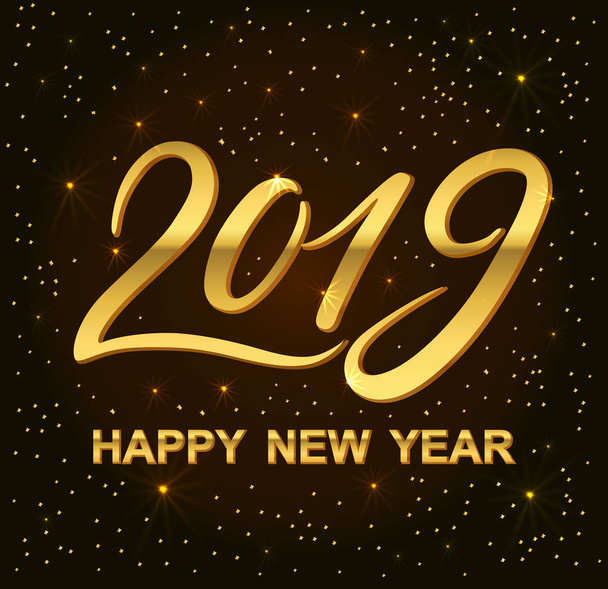 New year 2019 greeting card with gold texture lettering and stars. Golden texture effect vector lettering for banners or card on a dark brown background. Calligraphic hand drawn font. Font composition - Vector, Image