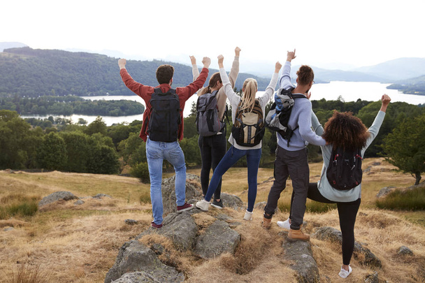 Group of five young adult friends celebrating arriving at the summit after a mountain hike, back view - Photo, image
