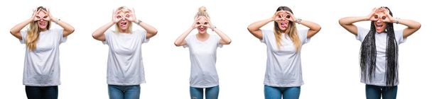 Collage of group of beautiful woman wearing casual white t-shirt over isolated background doing ok gesture like binoculars sticking tongue out, eyes looking through fingers. Crazy expression. - Fotografie, Obrázek