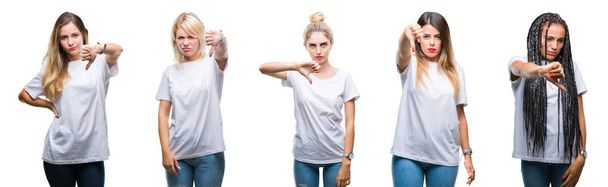 Κολάζ της ομάδας του όμορφη γυναίκα, φορώντας περιστασιακή λευκό t-shirt πάνω από το απομονωμένο φόντο ψάχνει δυστυχισμένοι και θυμωμένος εμφάνιση απόρριψη και αρνητικά με αντίχειρες προς τα κάτω κίνηση. Κακή έκφραση. - Φωτογραφία, εικόνα