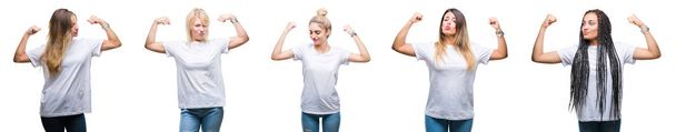 Koláž skupiny krásná žena nosí ležérní bílé tričko izolované pozadí ukazuje svaly paže s úsměvem hrdá. Fitness koncept. - Fotografie, Obrázek