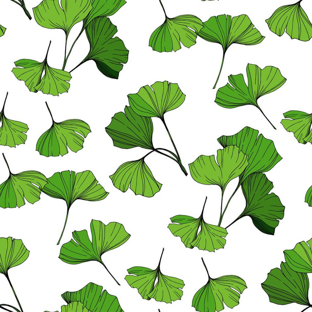 Vector Green ginkgo leaf. Engraved ink art. Seamless background pattern. Fabric wallpaper print texture. - Vektor, kép