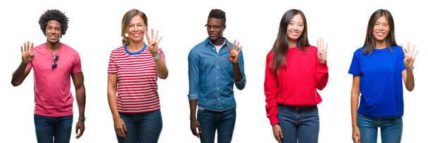 Samenstelling van Afro-Amerikaanse, Spaanse en chinese groep mensen over geïsoleerde witte achtergrond weergeven en met de vingers omhoog nummer vier terwijl lacht zelfverzekerd en blij. - Foto, afbeelding