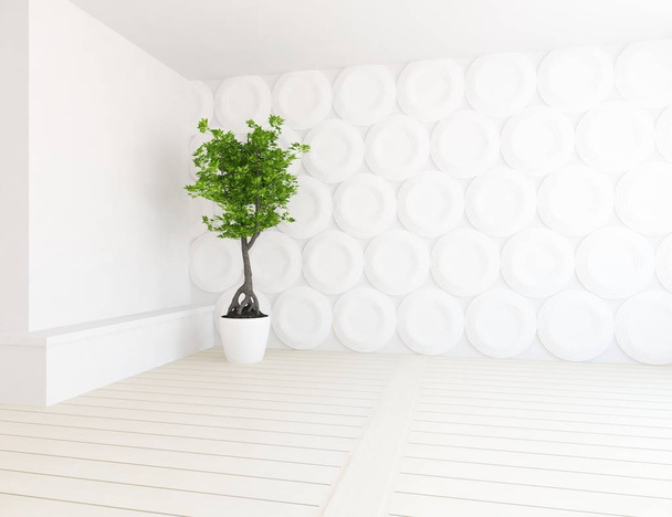 Beyaz boş İskandinav odası iç ahşap zemin üzerinde bitki ile fikir. Ev nordic iç. 3D çizim - illüstrasyon - Fotoğraf, Görsel