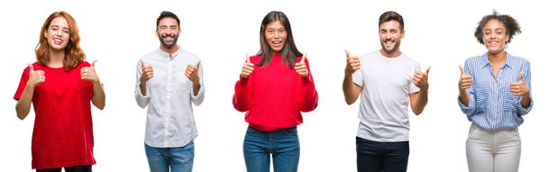 Collage van groep chinese, Indiase, Spaanse mensen boven geïsoleerd achtergrond succes teken doen positief gebaar met hand, duimen omhoog glimlachen en gelukkig. Kijken naar de camera met vrolijke expressie, winnaar gebaar. - Foto, afbeelding