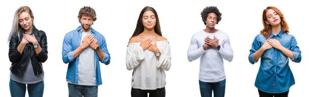 Collage of group of arab, indian, african american people over isolated background smiling with hands on chest with closed eyes and grateful gesture on face. Health concept. - Photo, Image