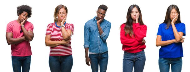 Composition of african american, hispanic and chinese group of people over isolated white background thinking looking tired and bored with depression problems with crossed arms. - Photo, Image