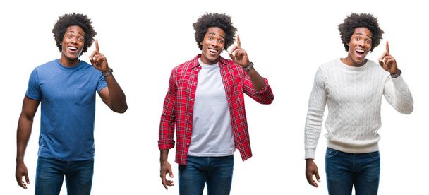 Collage di afroamericano giovane uomo bello su sfondo isolato puntando il dito con l'idea di successo. Uscito e felice. Numero uno.
. - Foto, immagini