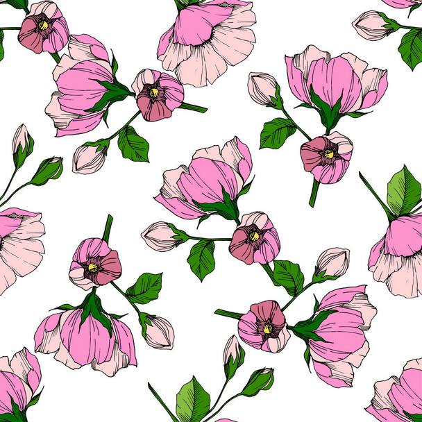 Vector Pink rosa canina flower. Engraved ink art. Seamless background pattern. Fabric wallpaper print texture. - Vector, Image