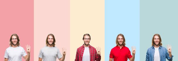 Collage di giovane bell'uomo su strisce colorate sfondo isolato mostrando e puntando verso l'alto con le dita numero quattro sorridendo fiducioso e felice
. - Foto, immagini