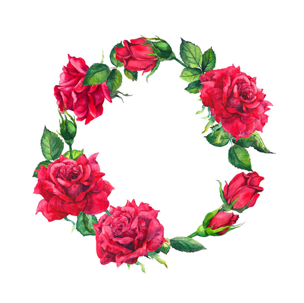 Red roses - wreath. Watercolor with rose flowers, buds for Valentine day - Φωτογραφία, εικόνα