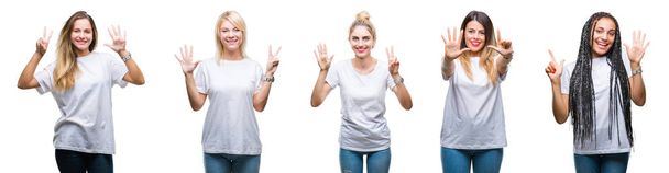 Коллаж группы красивых женщин, одетых в повседневную белую футболку на изолированном фоне и показывающих пальцами номер семь, улыбаясь уверенно и счастливо
. - Фото, изображение