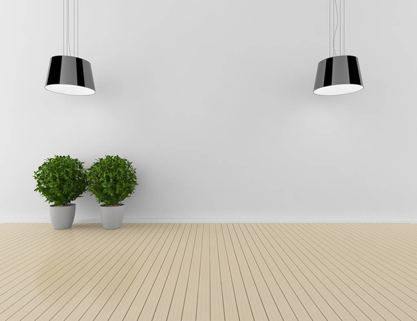 Idea de habitación escandinava vacía blanca interior con jarrones en el suelo de madera y gran pared y paisaje blanco Inicio interior nórdico
.  - Foto, Imagen