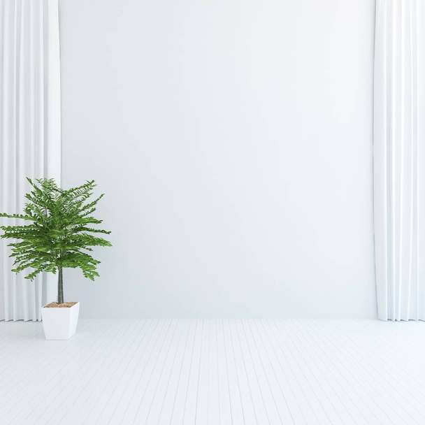 Idea of white empty scandinavian room interior with vase on the wooden floor and large wall and white landscape  Home nordic interior.  - Фото, изображение