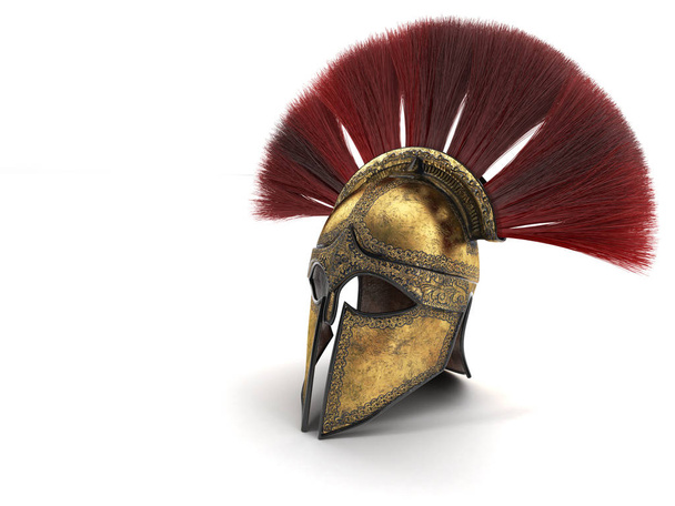 Casco espartano con plumaje rojo. ilustración 3d
 - Foto, Imagen