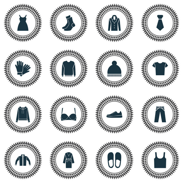 Kleidungssymbole mit Pantoffel, Hemd, Pullover und anderen lässigen Elementen. isolierte Vektor Illustration Kleidungsstück Symbole. - Vektor, Bild