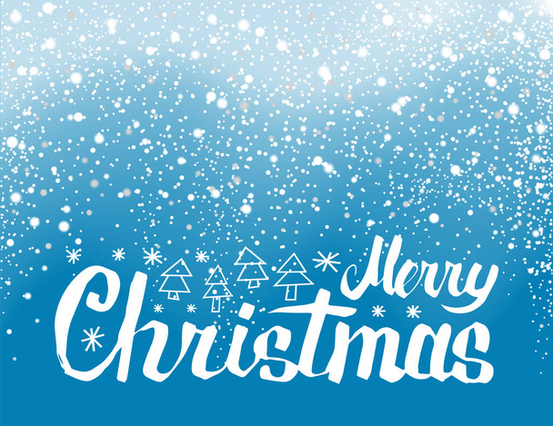 Merry Christmas Lettering Spruce Trees, Snowflakes - Vector, Imagen
