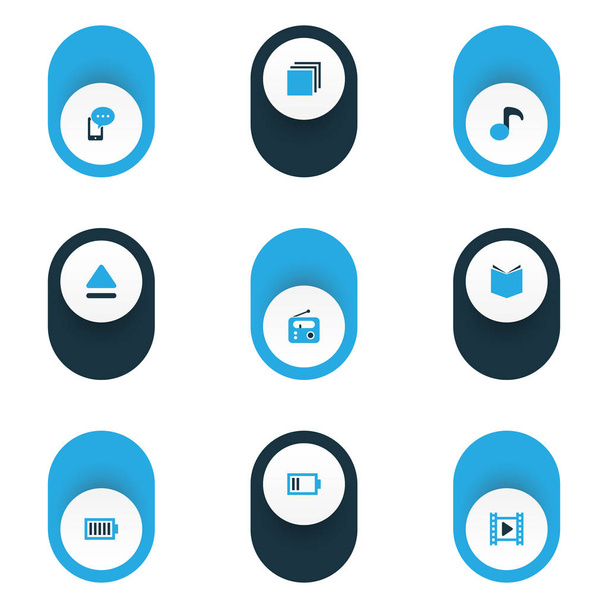 Ensemble d'icônes multimédia colorées avec radio, manuel, téléphone portable et autres éléments de charge. Illustration vectorielle isolée icônes multimédia
. - Vecteur, image