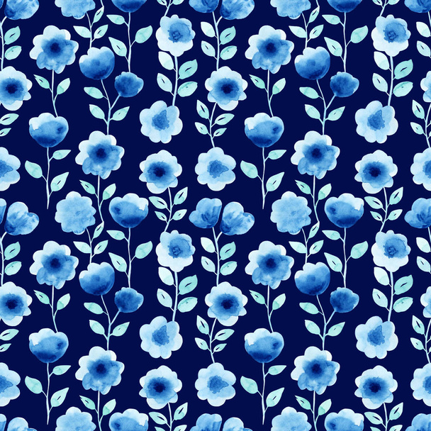 Watercolor seamless pattern with blue flowers on the dark background. Abstract modern background, illustration. Template for textile, wallpaper, wrapping paper, etc. - Foto, immagini