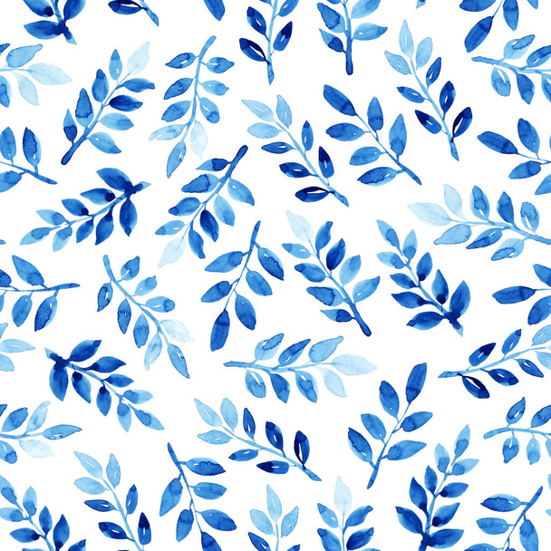 Watercolor seamless pattern with leaves. Blue pattern on the white background. Handmade texture. Template for textile, wallpaper, wrapping paper, etc. - Foto, immagini