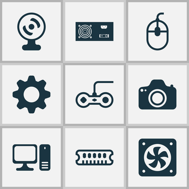 Hardware-Symbole mit Getriebe, CPU-Lüfter, Netzteil und anderen Stromerzeuger-Elementen. isolierte Abbildung Hardware-Symbole. - Foto, Bild